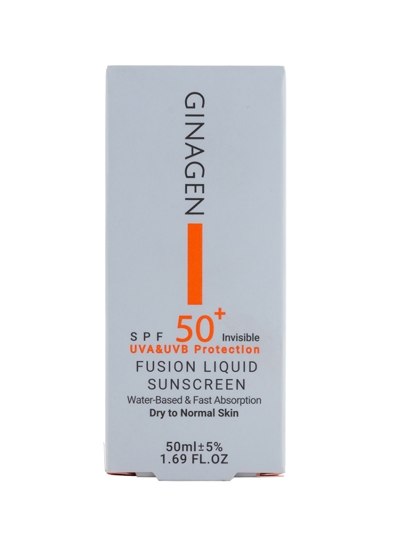 کرم ضدافتاب بی رنگ SPF50مناسب پوست خشک ونرمال برپایه اب جدب سریع ژیناژن